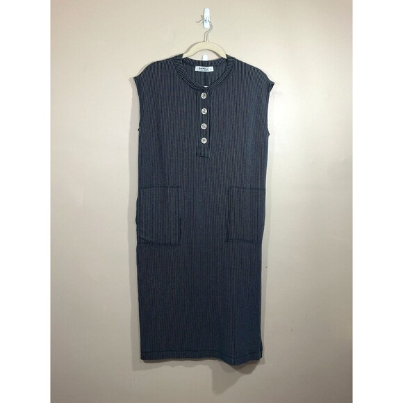 Three Bird Nest Womens Striped Maxi Dress XL Gray Lagenlook Minimalist Pockets - Picture 1 of 9